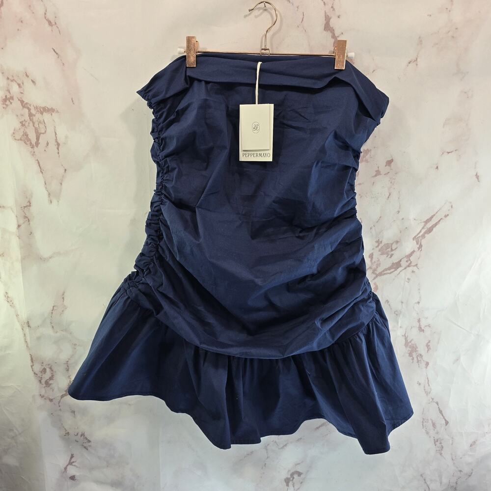 Peppermayo Dress Womens 12 L Navy Strapless Cupcake Micro Foldover Drop Waist